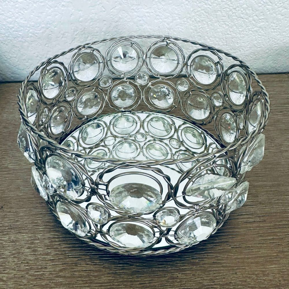 Mirrored Jewel Round Silver Vanity Decor Tray Caddy
